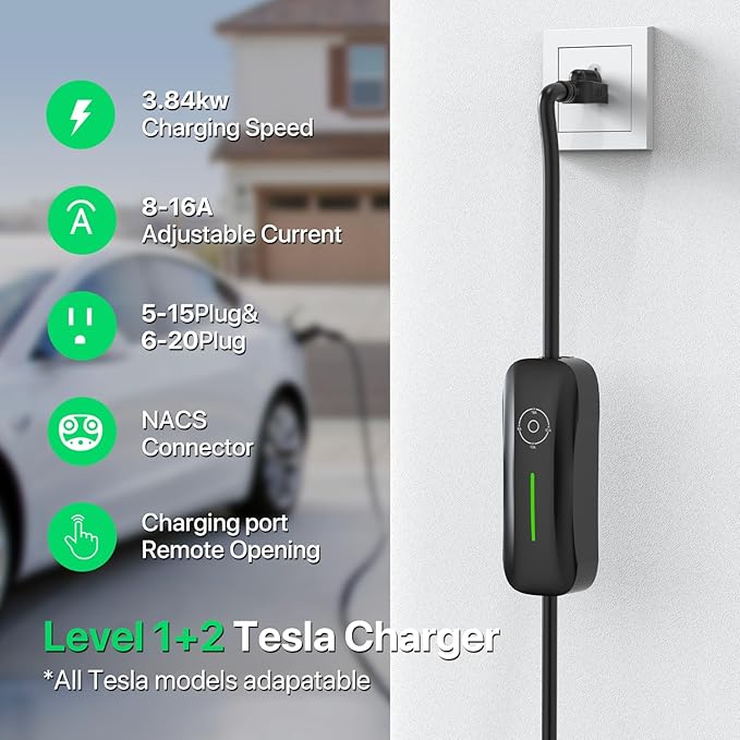 Level 1+2 EV Charger Tesla NACS 16A Mobile Electric Car Charger 110V/240V with NEMA 5-15 Plug and 6-20 Plug 25FT Cable 3.84KW Adjustable 16 Amps Vehicle Charging Stations for Tesla