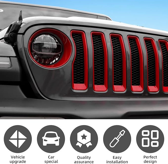 Grill Insert+Headlight Turn Light Cover Fit for 2018-2023 Jeep Wrangler JL JLU Sport/Sports Only,Not for Sahara,Rubicon 4xe(Red)