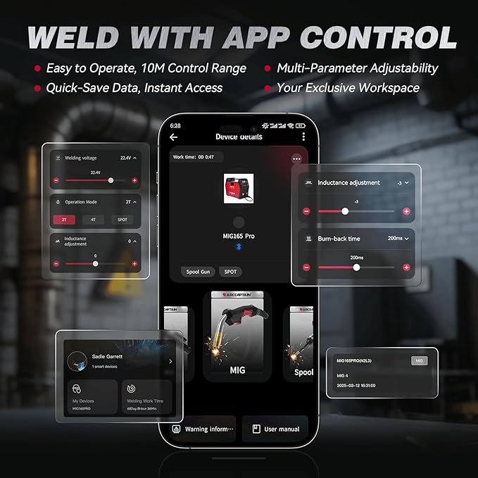 ARCCAPTAIN iControl MIG165 Pro MIG Welder 165A 120V 240V Gas MIG/Gasless Flux MIG/MMA Stick/Lift TIG/Spot Welding/Spool Gun Aluminum Welding Machine, 6 in 1 Professional Welder Machine, APP Control