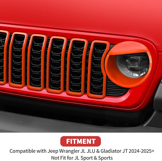 Front Grill Insert+ Headlight Bezels Cover Kit Compatible with 2024-2025+ Jeep Wrangler JL JLU & Gladiator JT, Not Fit for JL Sport & Sports(Orange,Style A)