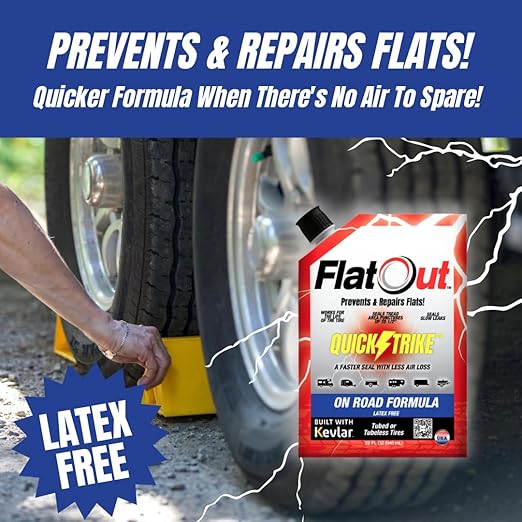 FlatOut QuickStrike Tire Sealant On Road Formula - Prevent Flat Tires, Seal Leaks, Contains Kevlar, 32-Ounce Bag, 2-Pack