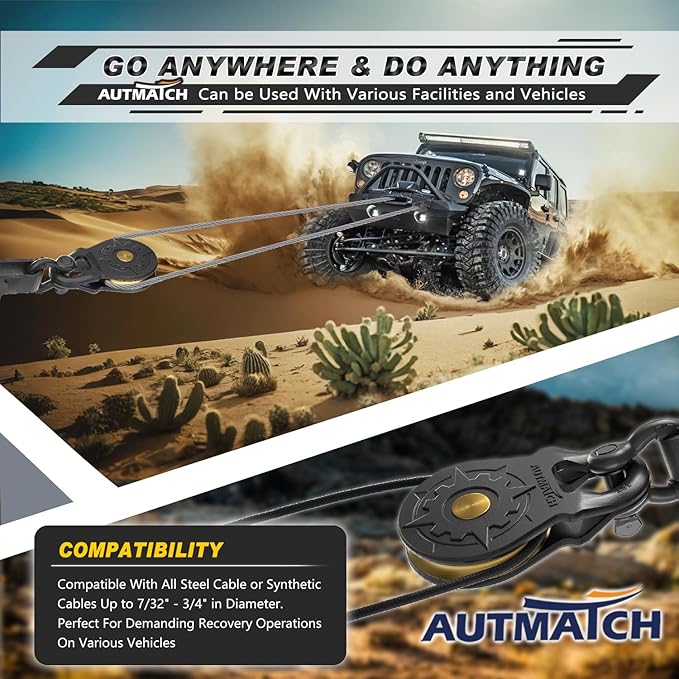 AUTMATCH Winch Snatch Block 18 Ton - Winch Pulley (79,366 Lbs) Break Strength, Heavy Duty Off Road Recovery Towing Pulley Blocks for Synthetic Rope or Steel Cable, Truck, UTV, ATV, Gunmetal Gray