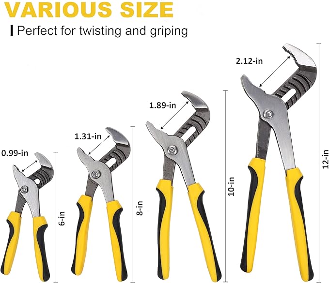 TOPLINE 4-piece Groove Joint Pliers Set with Bi-Material Handles, Tongue and Groove Pliers Set Included 12-in, 10-in, 8-in and 6-in, Perfect for Plumbing Repair and Basic Home Maintenance