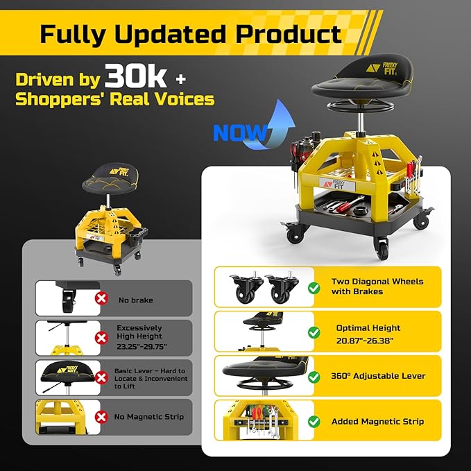 Rolling Shop Stool for Garage with Casters, DO02-Adjustable Height 360° Swivel Shop Seat with Tool Tray Storage, 330 LBS Capacity Padded Mechanic Stool, Magnetic Tool Hold, Heavy Duty,Yellow