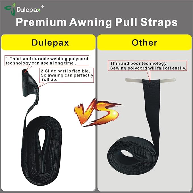 Dulepax RV Awning Pull Straps, 96 Inches Long Straps with Welding Polycord Technology. Universal Patio Awning Pull Straps (1 Units) Black