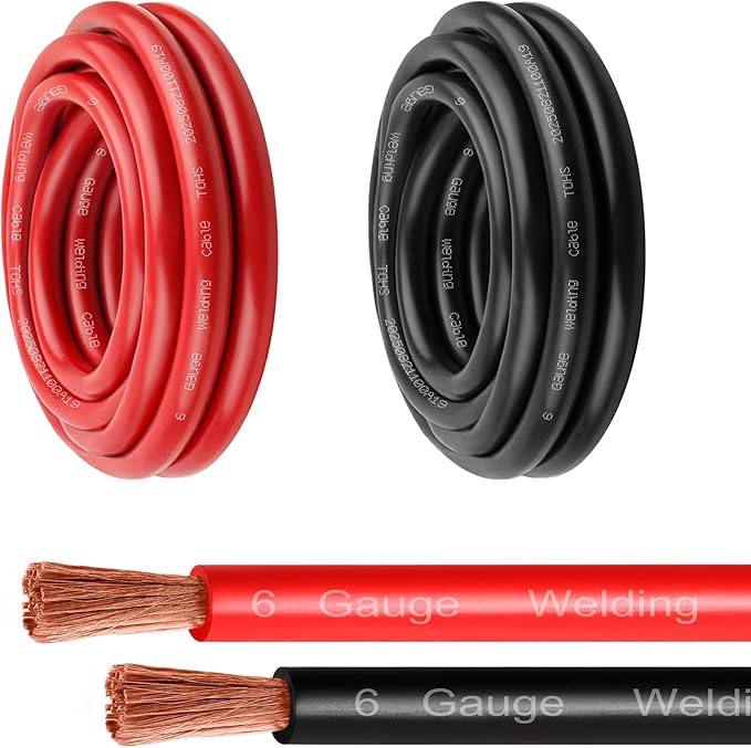 6 Gauge Battery Cable - 5FT Red + 5FT Black 6 AWG Welding Cable Flexible Stranded Oxygen-Free Pure Copper Wire for Automotive, Battery, Inverter, Solar, Marine and Generator