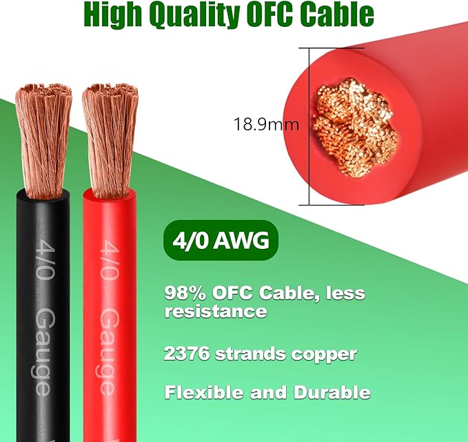 4/0 Gauge Battery Cable Copper Wire, 15FT Red+15FT Black 4/0 AWG Welding Cable Standard USA OFC Wire for Automotive, Battery, Solar, Marine and Generator