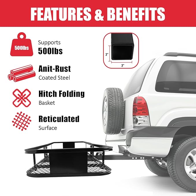 FORWODE 60x20x6 Hitch Carrier for 2 Inch Receiver, 500LB Capacity Hitch Mount Rack with Folding Cargo Basket, Rust-Resistant Coat, Includes Cargo Net