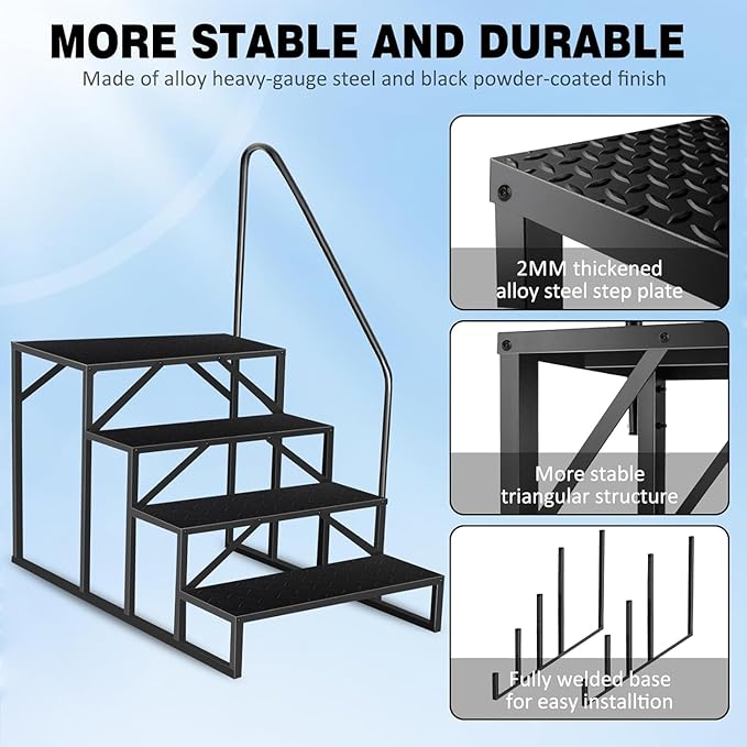 RV Steps with Handrail, 4 Step RV Stairs 660lbs Load Capacity, Heavy Duty Camper Steps with Wide & Anti-Slip Platform, Portable Outdoor Metal Entry Stairs for Hot Tub, Mobile Home, Travel Trailers