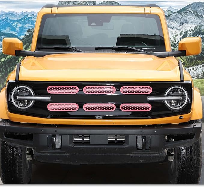 Front Grill Mesh Grille Inserts Cover Frame Trims Kit 6Pcs Fit for Ford Bronco 2021-2024 2/4 Door Exterior Accessories (Pink)