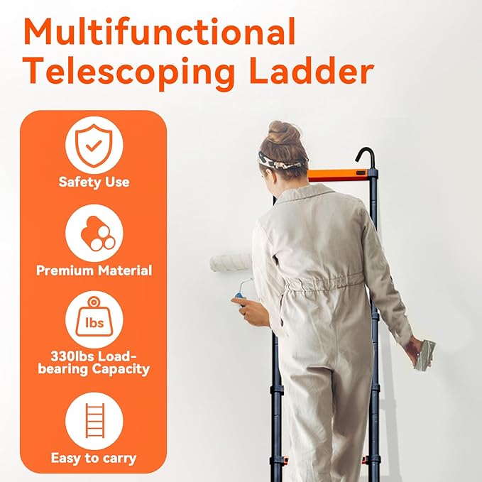 12.5FT Telescoping Ladder, Aluminum Extension Ladder w/Triangle Stabilizers and Non-Slip Feet, Multi-Purpose Retractable Ladder for Home, Work and Outdoor, 330lbs Capacity Orange