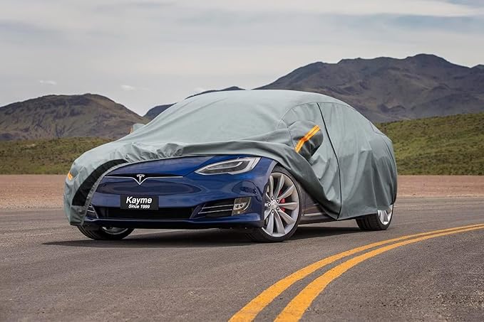 Kayme Heavy Duty Car Cover Waterproof All Weather, Custom Fit for Tesla Model S, Outdoor Full Exterior Cover with Charging Port and Breathable Ventilation Mesh, Sun and Rain Protection.