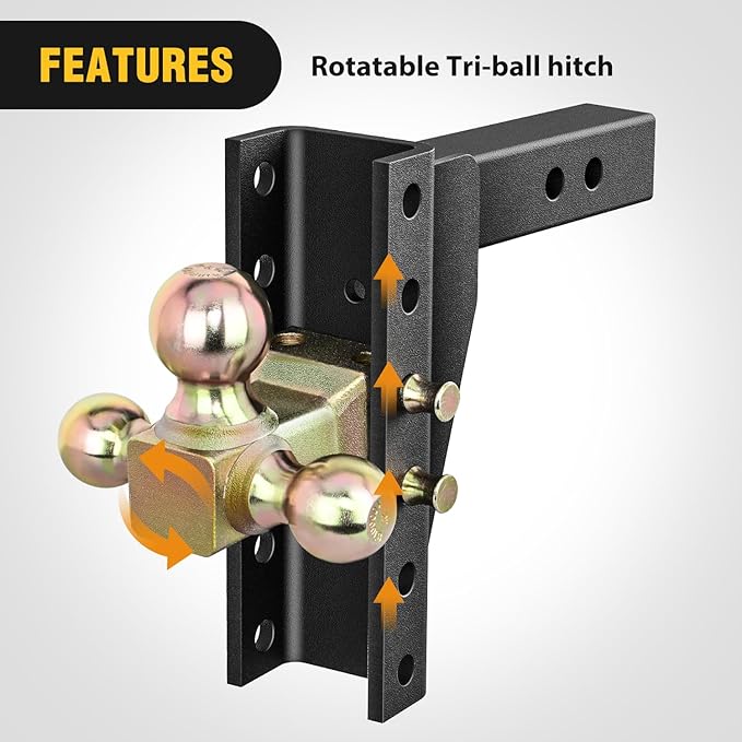 Nilight Adjustable Tri-Ball Trailer Hitch Mount 8 Inch Drop/Rise Hitch 1-7/8" 2" 2-5/16" Fits 2-Inch Receiver 15000lbs GTW for Heavy Duty Truck with Anti-Theft Pin
