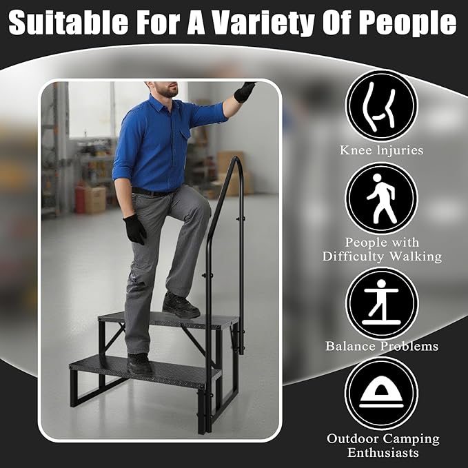 RV Steps with Handrail, 2 Step RV Stairs 660 lbs Load Capacity, Step Ladder with Anti-Slip Panel, Mobile Home Stairs for Travel Trailers