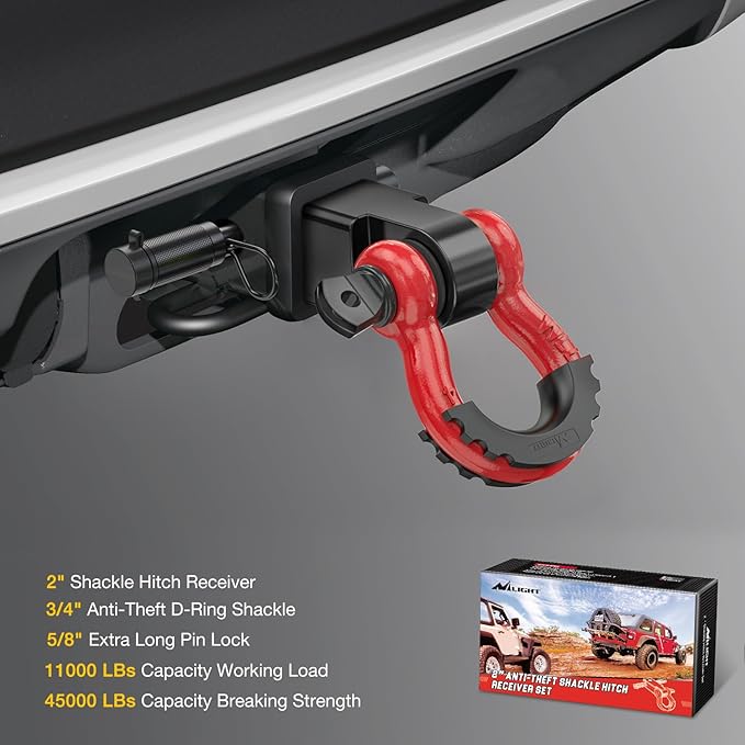 Nilight Anti-Theft Shackle Hitch Receiver 2Inch 45000 LBs Breaking Strength 3/4" Anti-Theft D Ring Shackle 5/8" Trailer Hitch Lock Pin Heavy Duty Solid Towing Kit for Trucks Off Road (Red&Black)