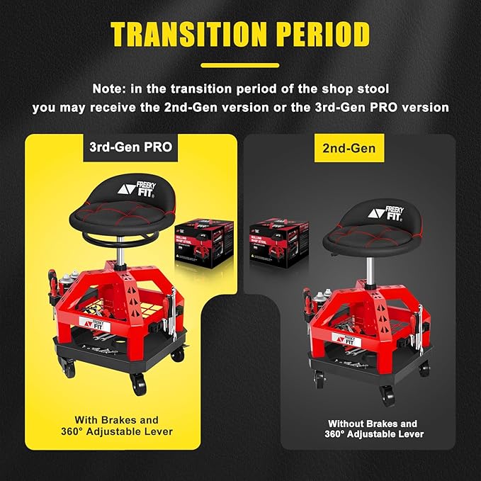 Rolling Shop Stool for Garage with Casters, DO02-Adjustable Height 360° Swivel Shop Seat with Tool Tray Storage, 330 LBS Capacity Padded Mechanic Stool, Magnetic Tool Hold, Heavy Duty, Red