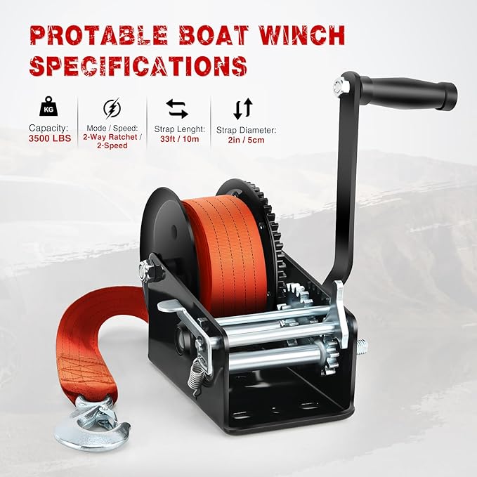 Nilight Boat Trailer Winch 3500 LBS Hand Crank Winch Heavy Duty Boat Winches with 33 FT Orange Strap Rope Hook Two Way Ratchet 4:1 8:1 Gear Portable Marine Manual Winch for Trailers Boat RV ATV Towing