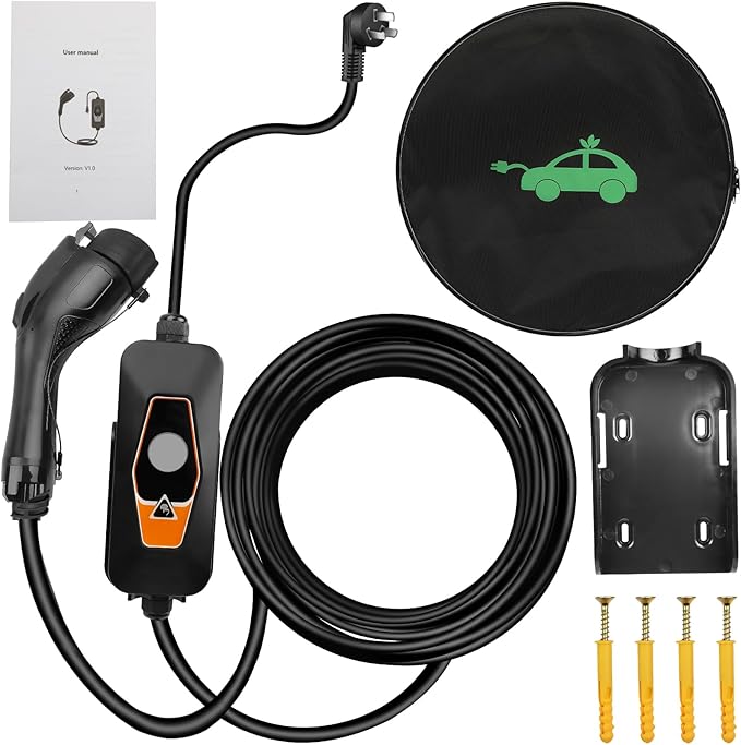 Portable EV Charger Level 1, 16Amp 120V, Vehicle Charger with 16.5FT Cable, NEMA 5-15 Plug, Compatible with SAE J1772 EVs, Scheduled Charging, Adjustable Current