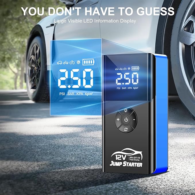 Jump Starter with Air Compressor, 8000A 180PSI, Portable Car Battery Jump Starter (All Gas/12L Diesel) 12V Automobile Jump Box Pack Chargers with Jumper Cables, 4-Mode LED Lights (Blue)