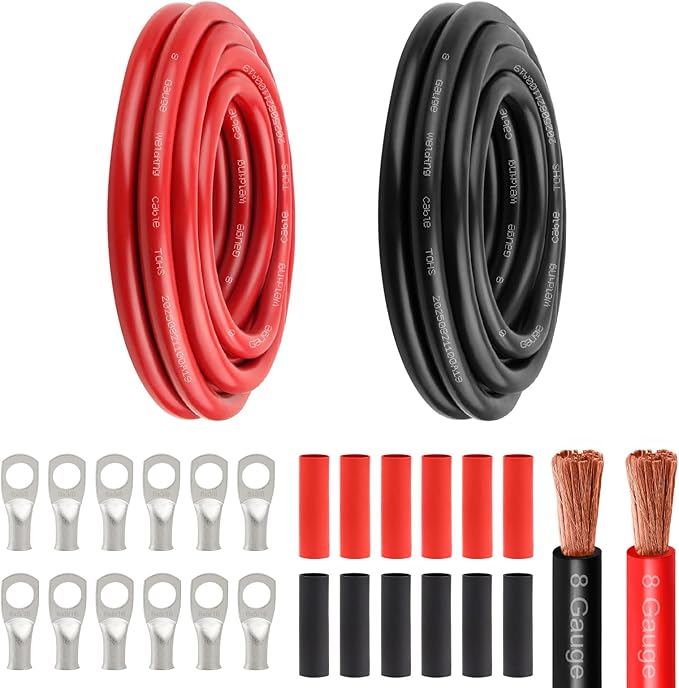 8 Awg Battery Power Cable -10FT Red + 10FT Black 8 Gauge Flexible Welding Cable OFC Copper Wire with Lugs Terminal Connectors and Heat Shrink Tube for Automotive, Battery, Inverter,Boat and Generator