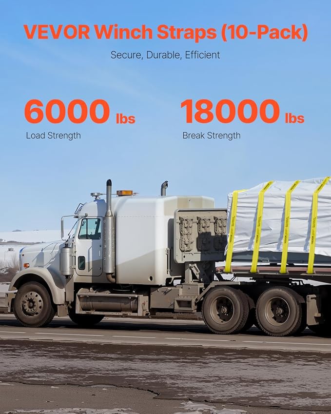 VEVOR Truck Straps, 4" x 40' Heavy Duty Tie Down w/Flat Hooks 18,000lbs Break Strength, WLL# 6000lbs, Cargo Straps tie Down for Flatbeds, Trucks, Trailers, Farms, Rescues, Tree Saver, Yellow(10 Pack)