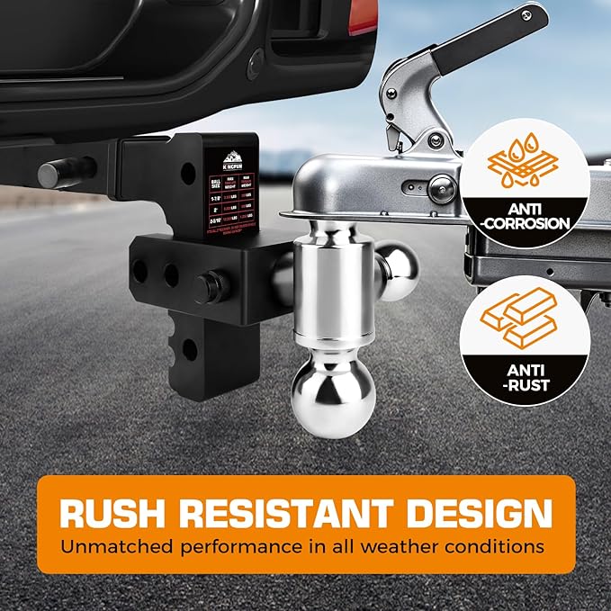 Kingfun Adjustable Trailer Hitch - Fits 2 Inch Receiver, Tri-Ball (1-7/8" X 2" X 2-5/16") 6-Inch Rise/Drop Hitch, 12500 Lbs Gtw Heavy Duty Aluminum Truck Tow Hitch with Anti-Theft Pins (Black)