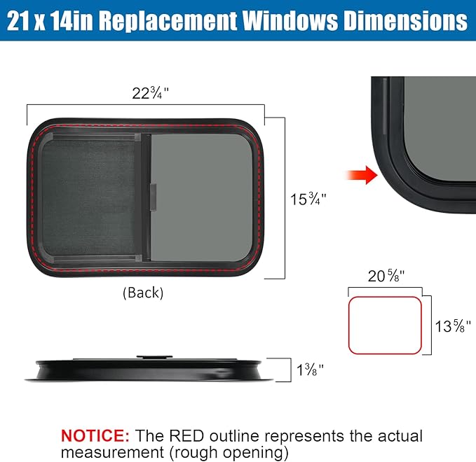 Horizontal RV Window, 21" W x 14" H Tinted Sliding RV Window with Net Screen and Trim Ring, Suitable for 15/16" or 1-3/8" and Slightly Thicker Up to 1/16" Walls, DOT Approved