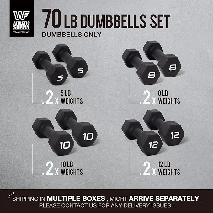 WF Athletic Supply Black Neoprene Dumbbell Set, Non-Slip & Hex Shape, Great for Muscle Toning, Strength Building & Weight Loss; Sizes, Dumbbells Only & w/Rack Options Available