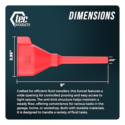 TEC Products FlexAll Anti-Kink Funnel - Long Flexible Funnel with Hose for Automotive Use - Durable Nitrile Rubber - Car Oil Change, Transmission Fluid, Diesel, Gas - Made in USA (9 x 3.95 Inches)