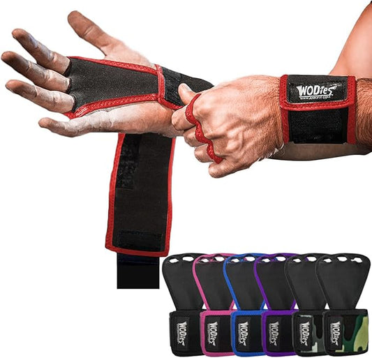 JerkFit WODies Gymnastics & Weightlifting Grips with Wrist Wraps – 3 Hole Versatile Gym Gloves for Pull Ups, Gym Training & Cross Training – Hand Grips Palm Protector for Men & Women