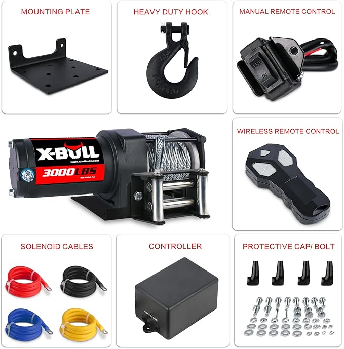 X-BULL 12V 3000LBS Steel Wire Electric Winch for Towing ATV/UTV Off Road with Mounting Bracket Wireless Remote