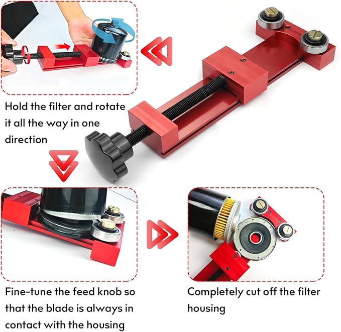 66490 Oil Filter Cutter with 3 Blades, Adjustable Cut Range 1-3/4'' to 5-3/4'' Oil Filter Cutting Tool Aluminum, Red