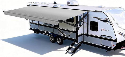 RV Electric Retractable Awning, Black Frame and Fabric Assemblies Full Set for RV, 5th Wheel,Travel Trailers,Motorhome Trailer Awning for Home or Camper - Grey Fade, 11Feet(Fabric 10'2")