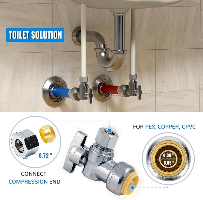 10-Pack 1/2 Inch Shut Off Valve, SUNGATOR Pushfit 1/2 x 3/8 Inch Angle Stop Valve, No Lead Brass Faucet Shutoff, Push-to-connect Plumbing Fittings for Pex Pipe, Copper, CPVC, with 1 Disconnect Tool