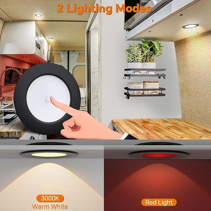 3" LED 12V Push Lights w/Built-in Switch Interior Bi-Color 12 Volt Red LED Puck Light Full Aluminum RV Dimmable Flush Mount Light for Camper, Boat, Trailer 4Pcs (Black, Warm White)