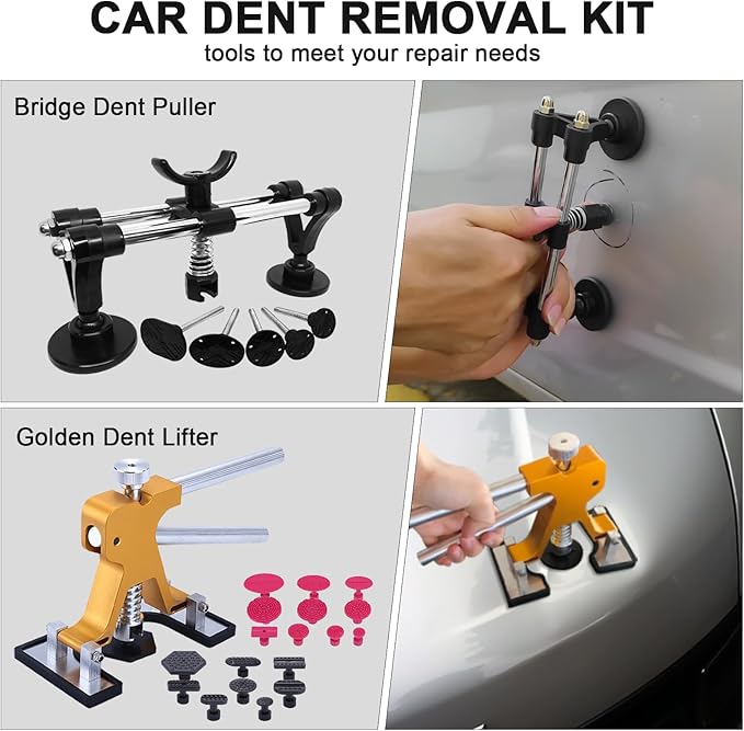 Car Dent Puller - Dent Repair Kit with Golden Lifter, Dent Removal Kit Double Pole Bridge Dent Puller for Auto Dent Removal, Door Dings and Car Hail Damage 40PCS (with Glue Set)