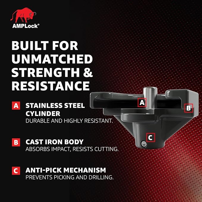 AMPLock U-TLS2 Heavy Duty Trailer Coupler Lock, 2'' RV & Boat Trailer, Anti-Theft Coupler with Flat Lip Design, Push-and-Lock System, 2-Inch Ball Hitch Locks, Trailer Hitch Locks with Keys