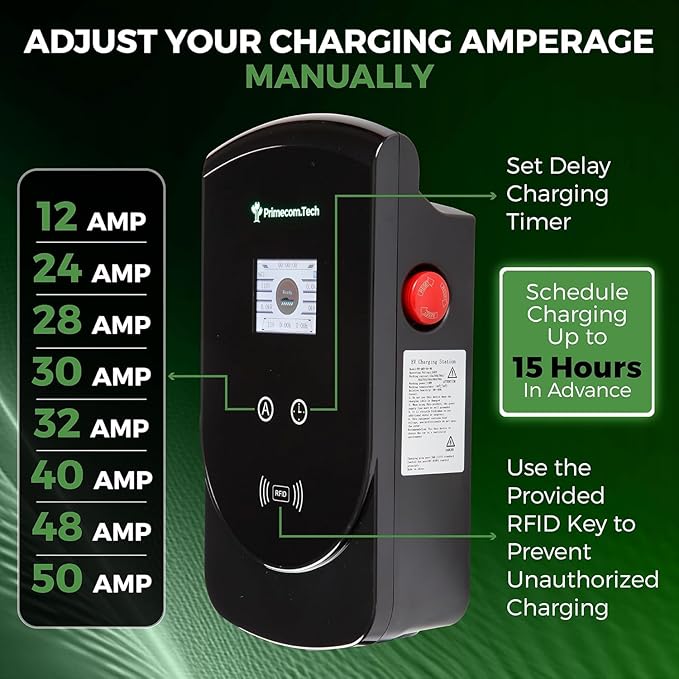 50 Amp - PRIMECOM.TECH Level-2 Smart Electric Vehicle Home Charging Station 220 Volt for Tesla and All EV Brands 30' Feet Length (NEMA 14-50p, 18 Feet)