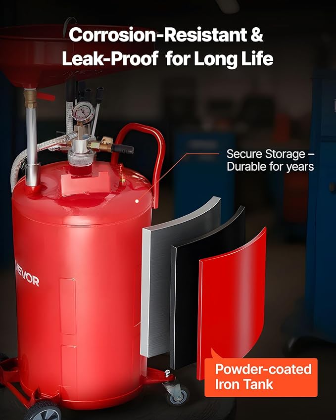 VEVOR 21 Gallon Waste Oil Drain Tank, Air Operated Portable Oil Drainer with Adjustable Funnel Height, Industrial Fluid Drain Tank with Wheels, Fluid Fuel Transfer Drainage for Auto Repair Shops, Red