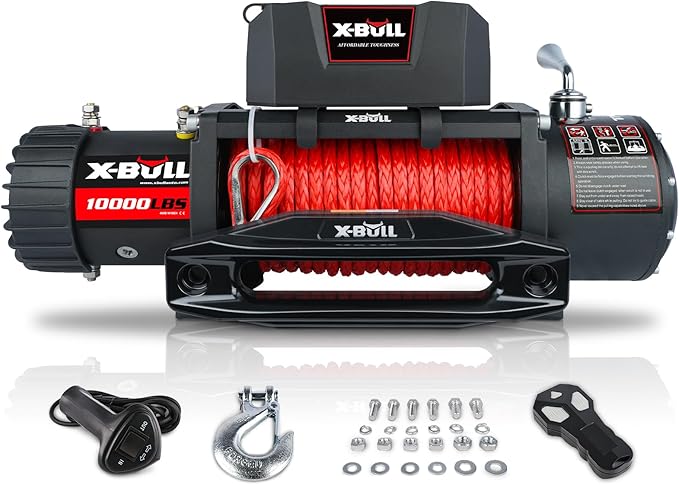 X-BULL Winch 10000 lb. Load Capacity Electric Winch Kit 12V Synthetic Rope,Waterproof Electric Winch with Hawse Fairlead, with Wireless Handheld Remote and Corded Control Recovery