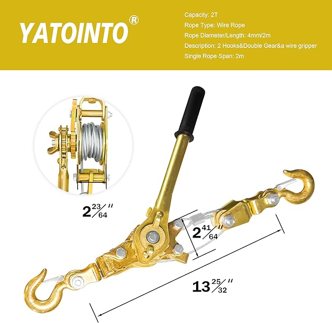 Come Along 2 Ton Cable Winch Puller with Cable Grip Steel Wire Puller 2 Hooks Portable Steel Cable Puller for 3/16" to 9/10" Cable Zipline Cable Tensioner Kit