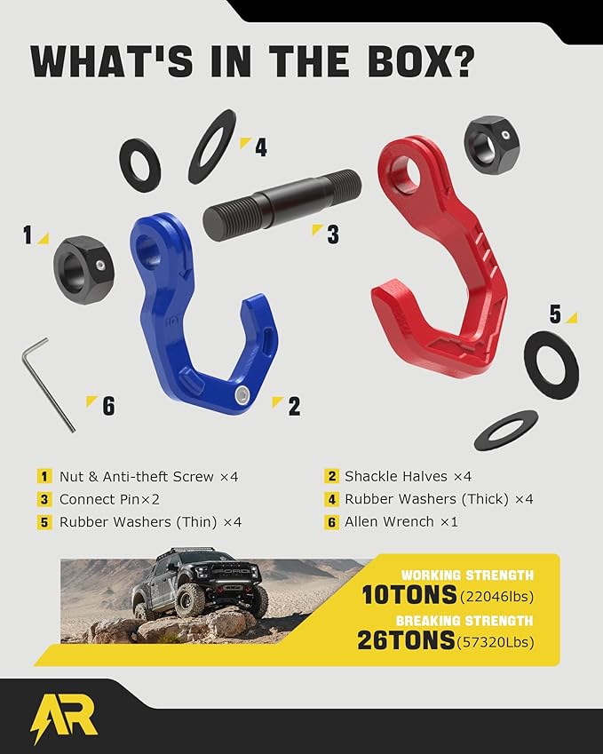 D Ring Shackles, 3/4" Separate Shackles with 7/8" Pin, Heavy Duty Recovery Shackle 57320lbs Break Strength, 4x4 Off-Road Recovery Towing Winch Shackles for Trucks, Red Blue 2-Pack