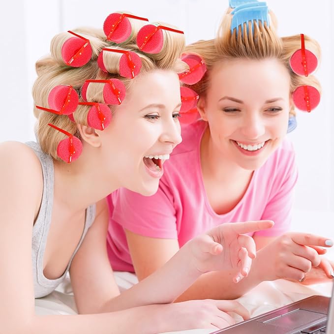 Geyoga 18 Pieces Sponge Hair Rollers Large Soft Foam Hair Styling Curlers Large Size Hairdressing Curlers for Women(1.4 x 2.6 Inches,Red)