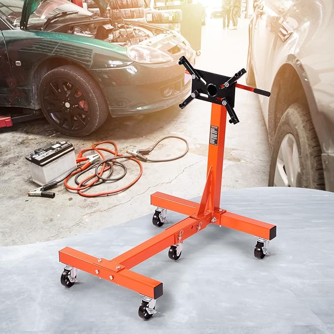 VEVOR Engine Stand, 3/4 Ton (1500 LBS) Capacity Engine Motor Stand, with 360-Degree Rotating Head, Heavy-Duty Steel Engine Lift Stand with 5-Casters, 4 Adjustable Arms, Orange