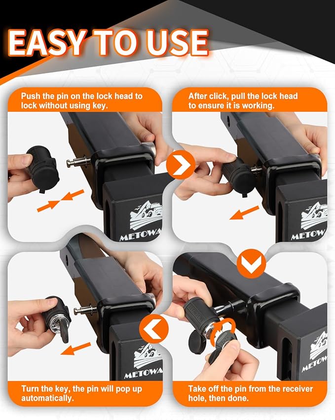 METOWARE Swivel Head Trailer Hitch Receiver Lock, Stainless Steel, 1/2" Diameter Pin Lock with 5/8" Adapter, 2-3/4" Pin Fits 2" Receiver, Class III & IV