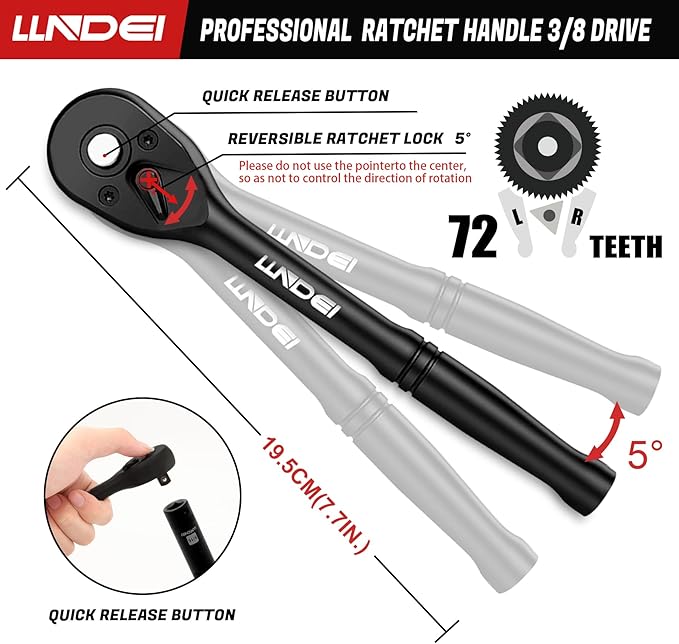 LLNDEI 3/8”Drive Impact Socket Set,Standard SAE(5/16 to 3/4-Inch) Metric Size(8-22mm), 95 Piece, CR-V Steel Deep&Shallow Kit, Adapters, Ratchet Handle, Screwdriver Bit Set, Spark Plug Socket, 6 Point