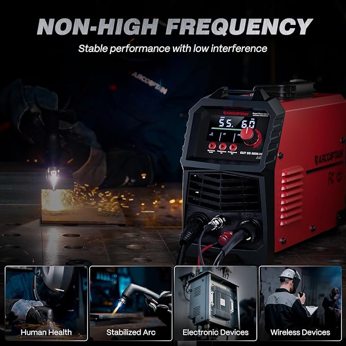 ARCCAPTAIN 55Amp Plasma Cutter, Blowback Non-HF Pilot Arc Plasma Cutting Machine, Large LED Display IGBT Inverter 110/220V Dual Voltage, 3/5" Clean Cut, Mesh Cutting, Rust Removal, PA PT Adjustable