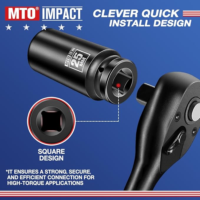 MTO 1/2" Drive 25mm Deep Impact Socket, 6 Pt. Metric Socket, CR-MO Steel & Anti-Corrosion Coating for Heavy-Duty Use