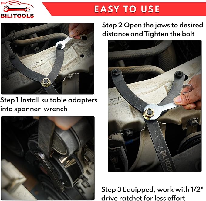BILITOOLS 15PCS Universal Pulley Holder Tool Kit, 1/2-inch drive ratchet Adjustable Spanner Wrench with Variable Pins 3.5mm, 4mm, 4.5mm, 5mm, 6mm, 6.5mm and 10mm fits Camshaft pulleys.