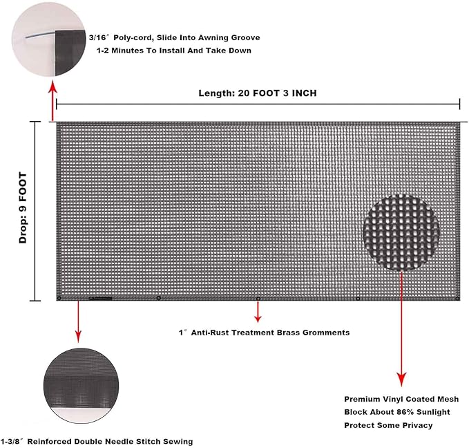 Tentproinc RV Awning Sun Shade Screen 9' X 20'3'' - Brown Mesh Sunshade UV Blocker Complete Kits Motorhome Camping Trailer Canopy Shelter - 3 Year Lasting